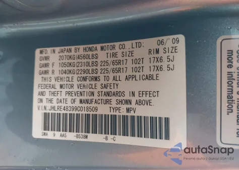 2009 Honda Cr-V Lx from USA, damaged, VIN JHLRE48399C018509